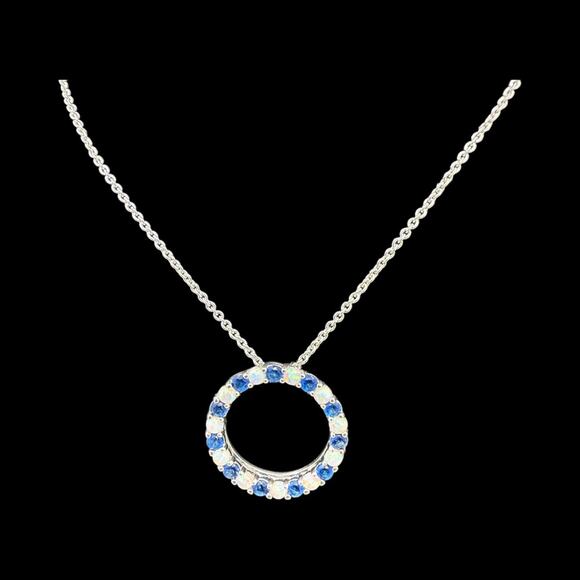 Created Opal And Sapphire Circle Pendant Necklace 18 inches Sterling Silver - Picture 2 of 4